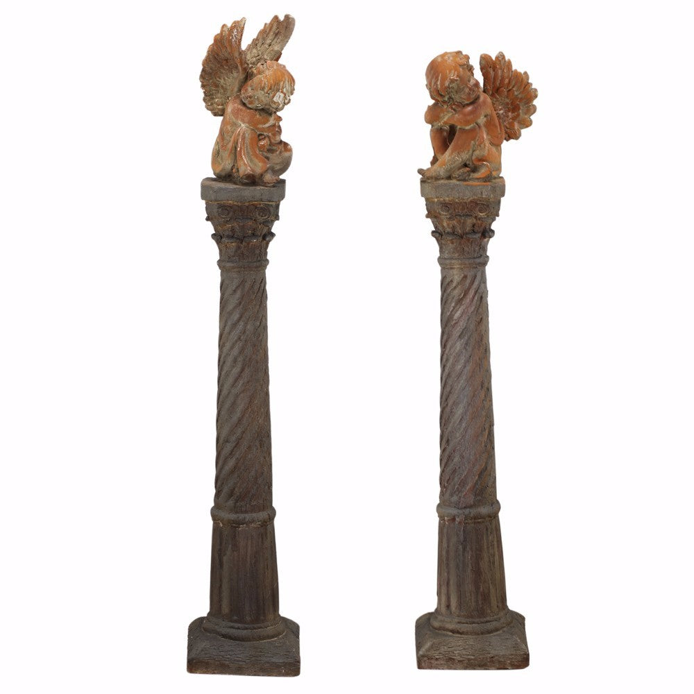 Magnesia Sculptural Cherubs on Pedestal, Brown, Set of 2