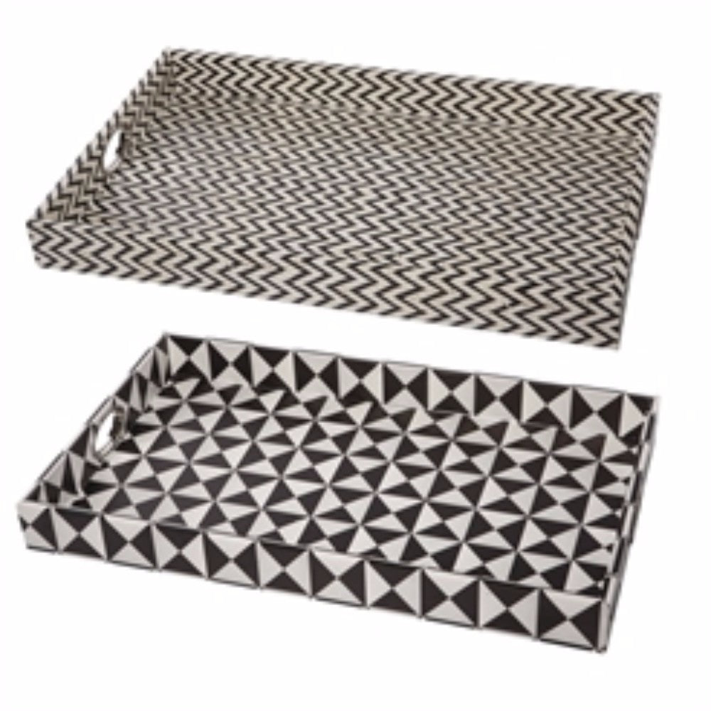 Striking Geometric Patterned Trays, Black And White, Set Of 2