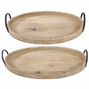 Lovely Oval Shape Wooden Trays With Side Handles,  Brown, Set Of 2