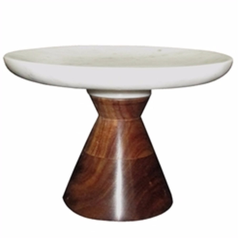 Alluring Marble Cake Plate With Wooden Stand, White And Brown