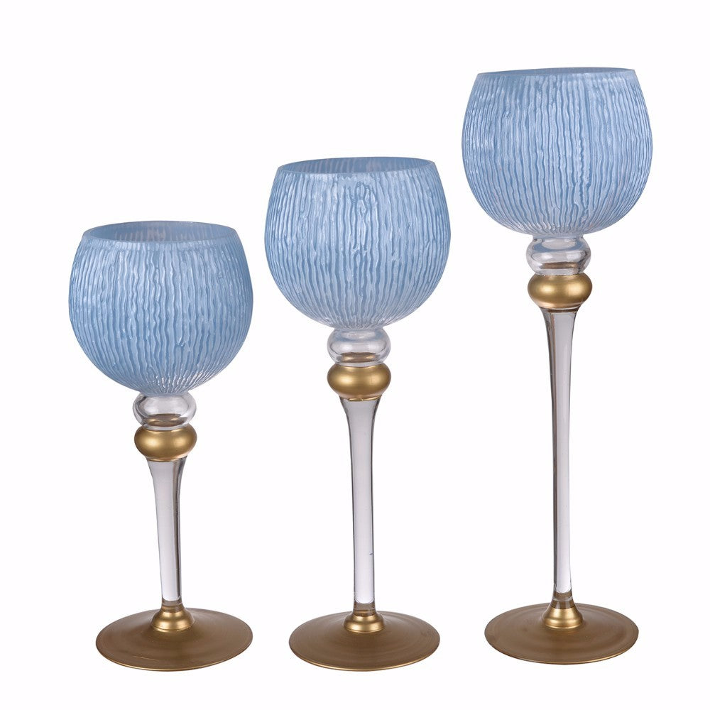 Set of 3 Glass Shaped Candle Holders, Blue and White