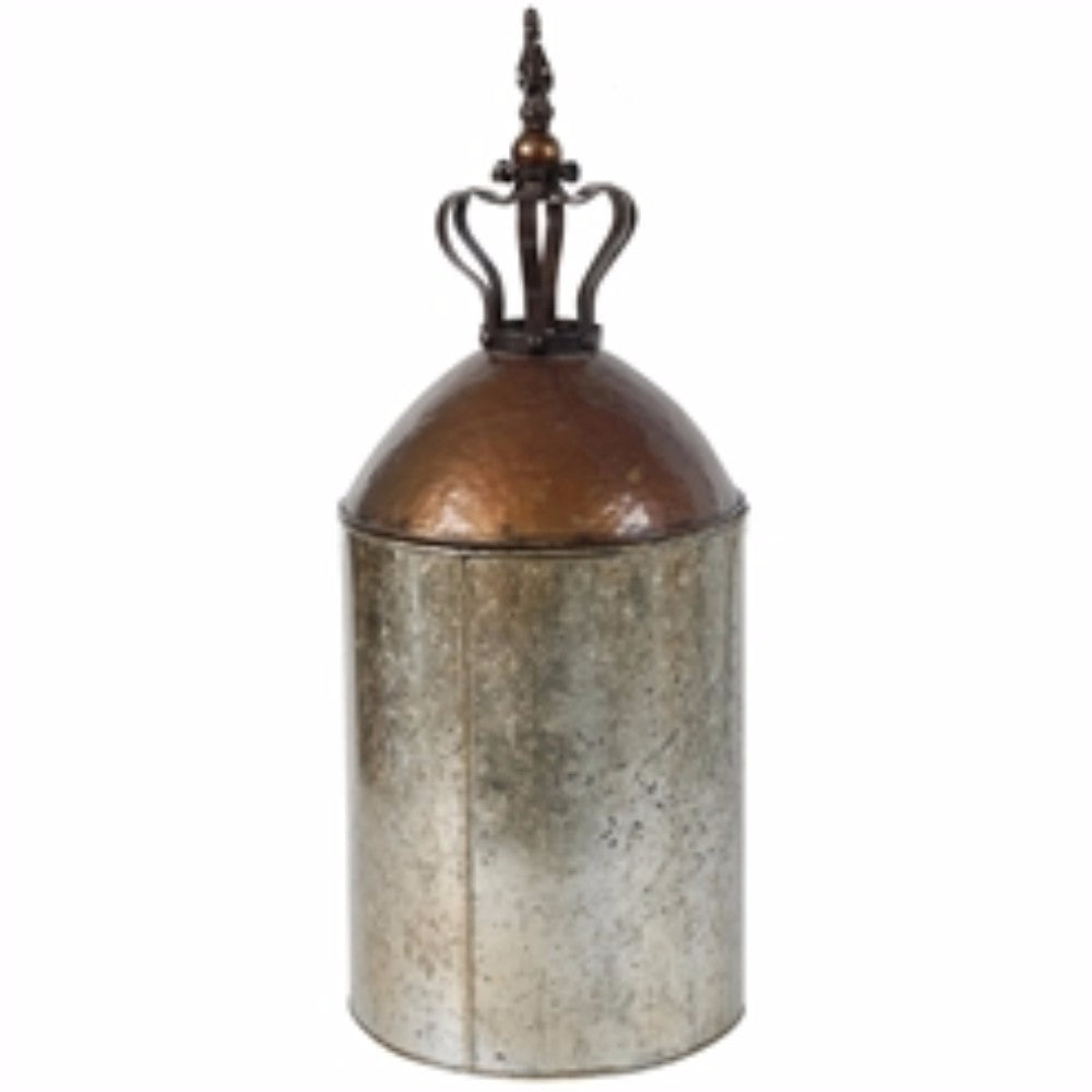 Metal Lidded Canister Jar with Crown Design, Gray And Copper