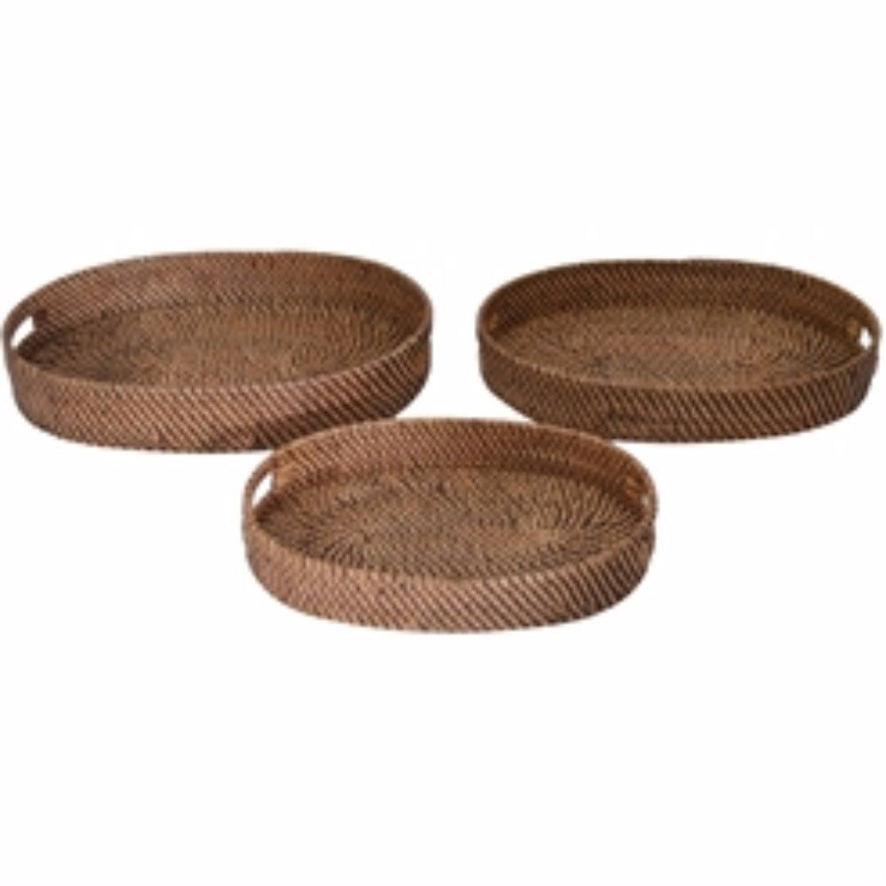 Wood And Rattan Trays, Set of 3, Brown