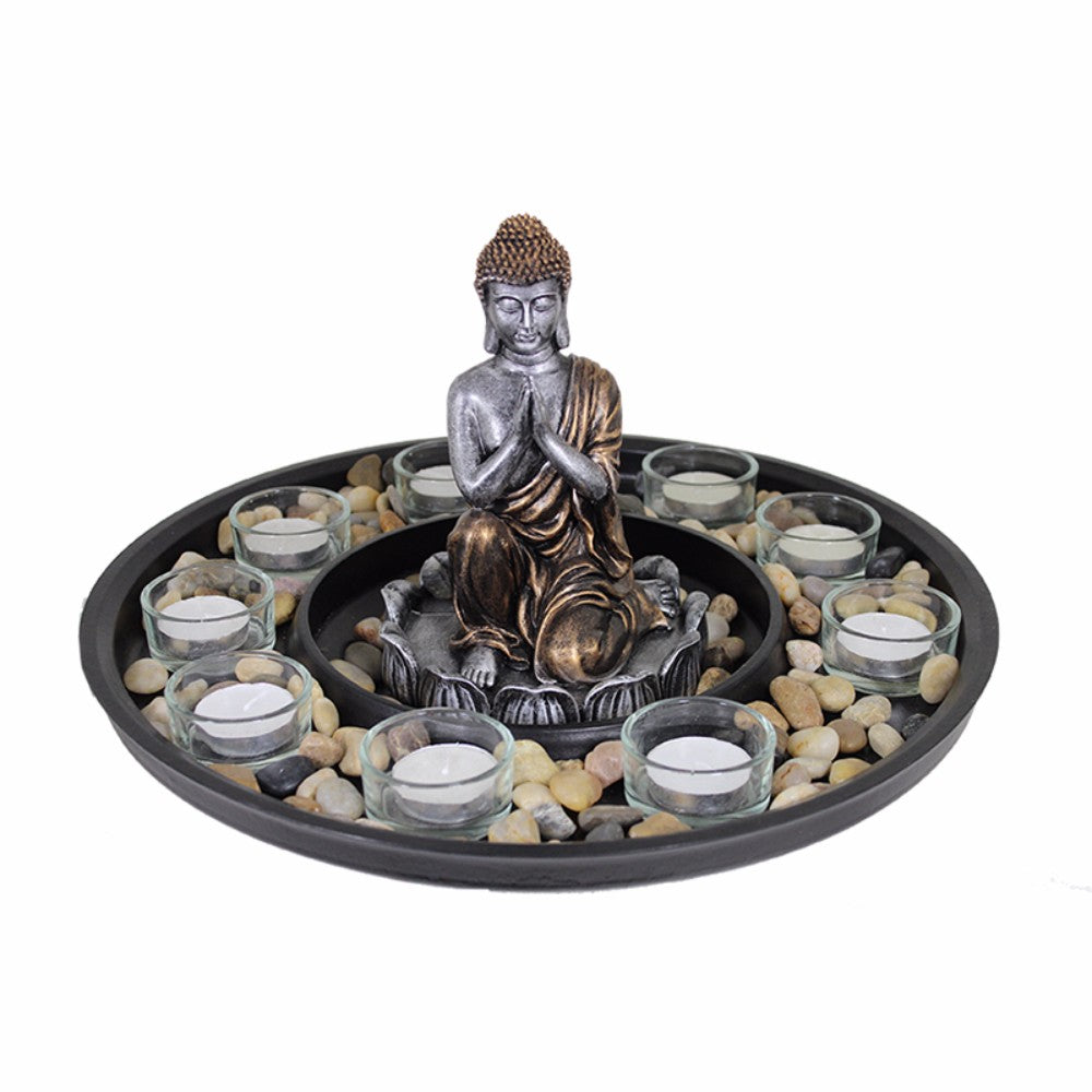 Flamboyant Buddha Round Tealight Candle Holder, Brown And Silver