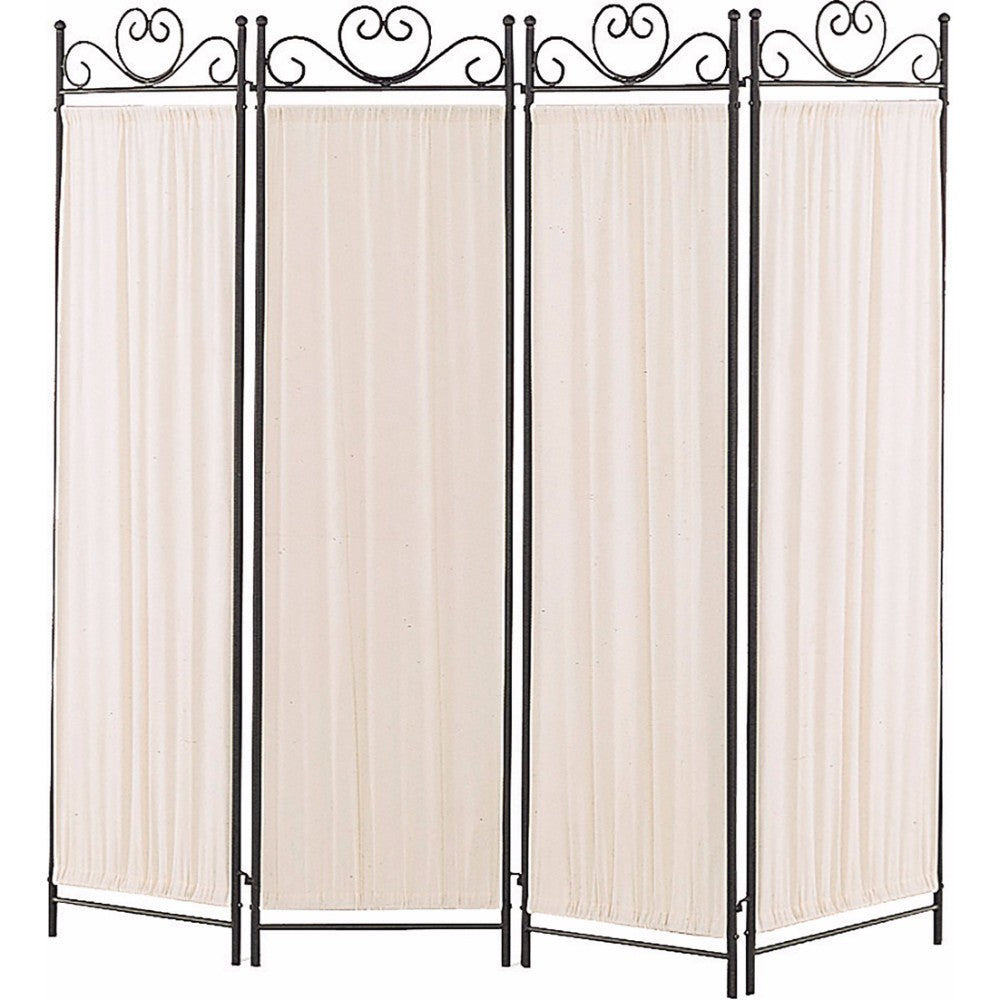 Folding Screen with Metal Frame & Gathered Fabric Panels, Black And White