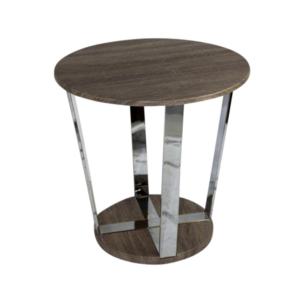 Contemporary Round End Table, Brown And Silver