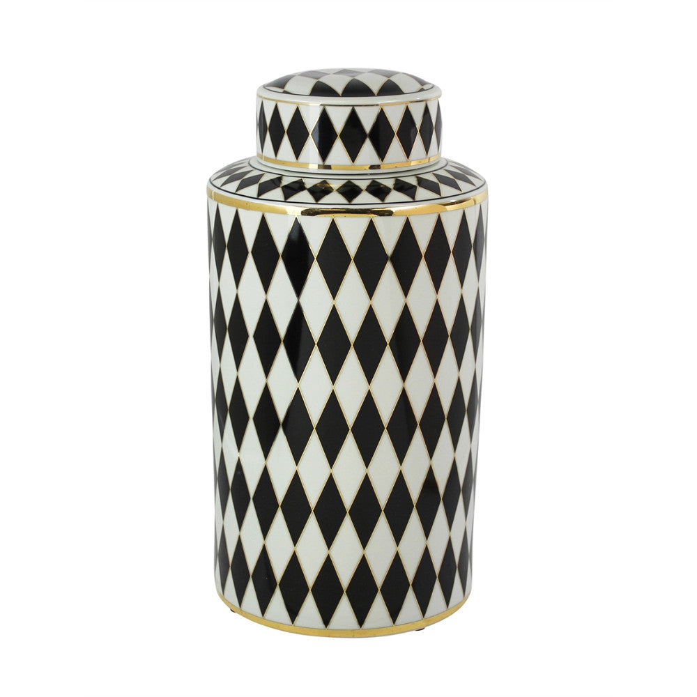 Strikingly Decorative Ceramic Covered Jar, White And Black