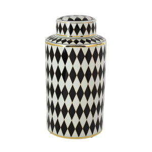 Strikingly Decorative Ceramic Covered Jar, White And Black