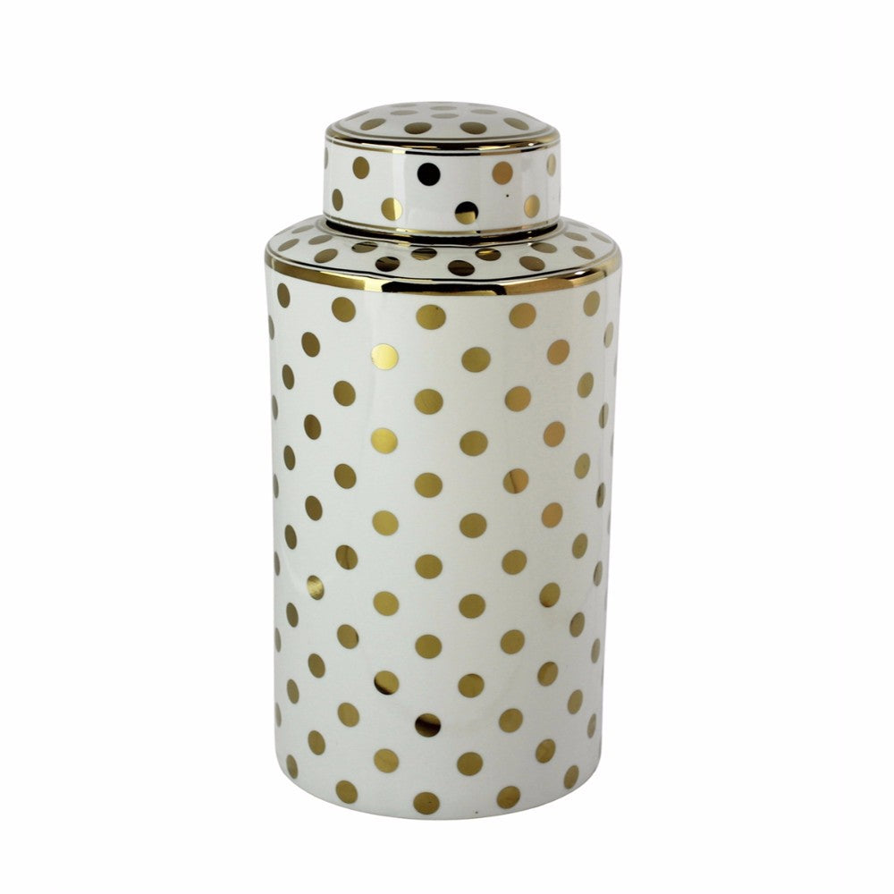 Decorative Ceramic Covered Jar With Golden Polka Dot Design, White & Gold