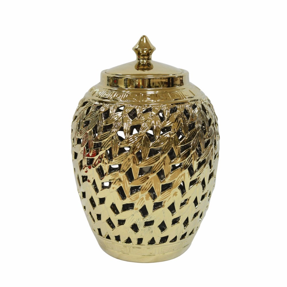 Beautifully Designed Pierced Ceramic Covered Jar, Gold