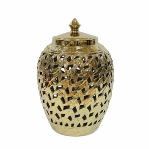 Beautifully Designed Pierced Ceramic Covered Jar, Gold