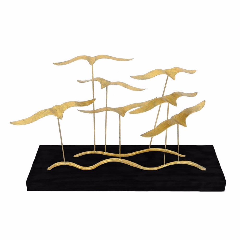 Enticing Metal Flock Of Birds Table Sculpture, Gold And Black