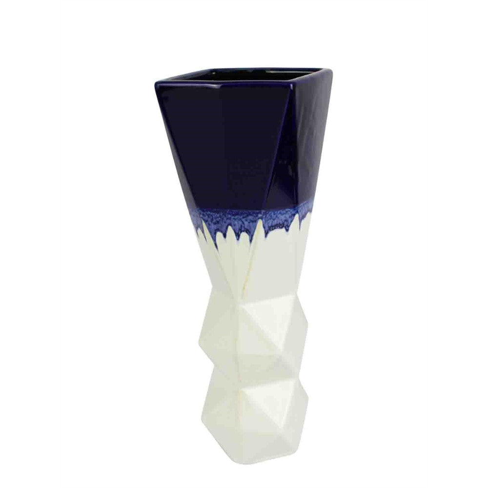 Decorative Ceramic Vase With Diamond Cut Base, Blue/White