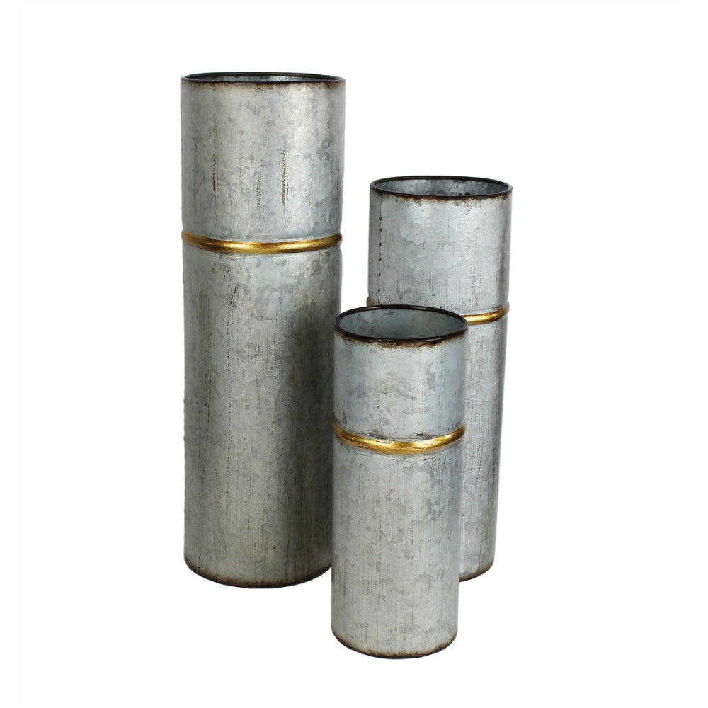 Metal Banded Cylinder Vases, Distressed Gray-Set Of Three