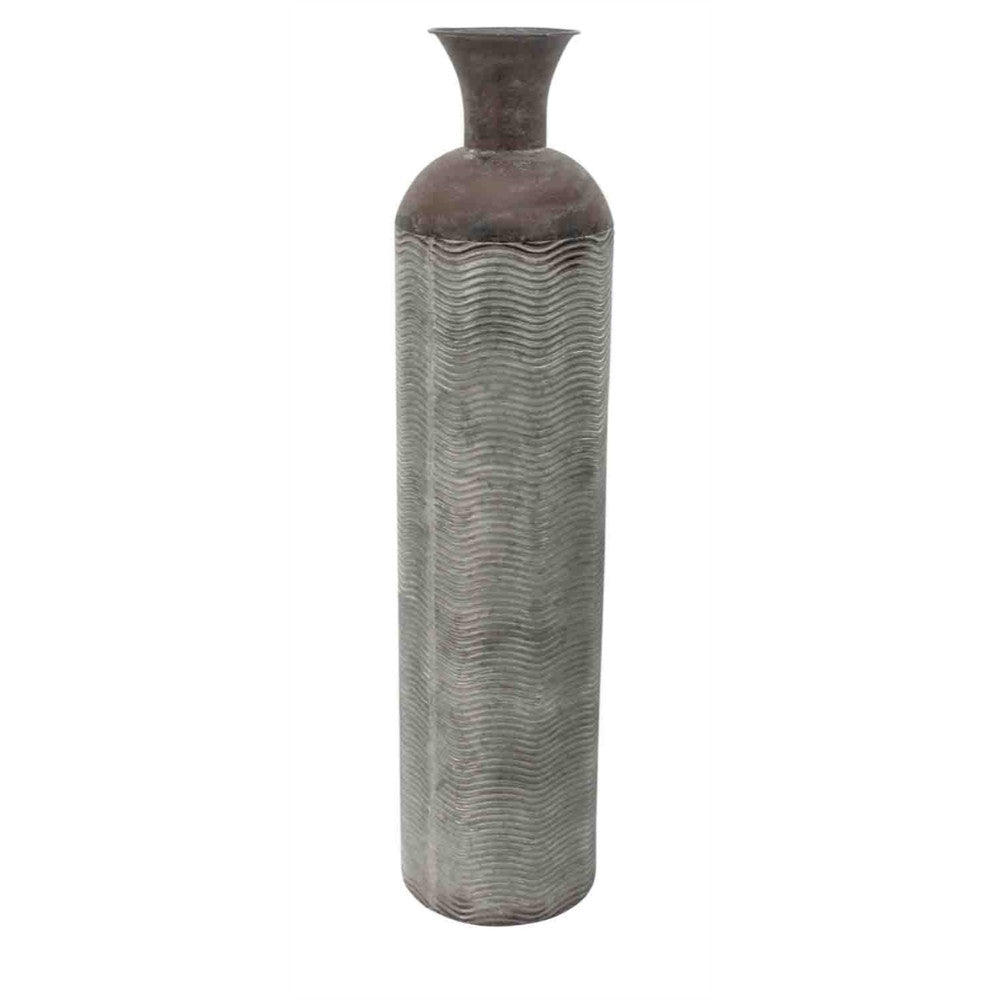 Rustic Metal Cylindrical Bottle Vase, Weathered Gray/Bronze-Large