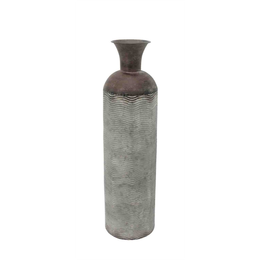 Rustic Metal Cylindrical Bottle Vase, Weathered Gray/Bronze-Medium