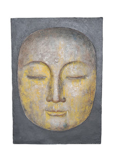 Decorative Resin Buddha Face Wall Decor, Gray And Yellow