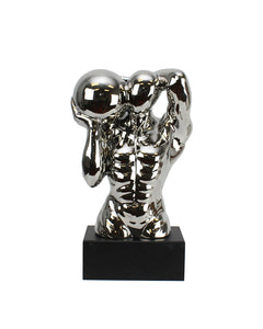 Solid Ceramic Muscle Man Sculpture On A Base, Silver