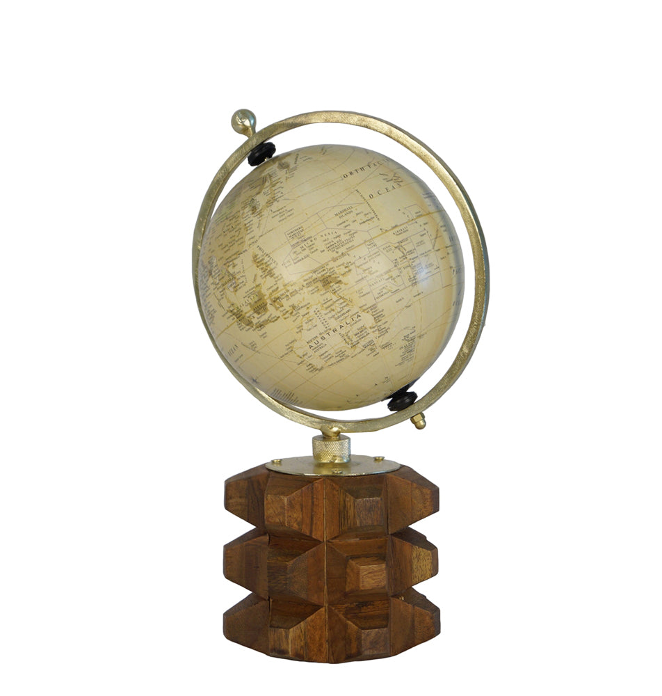 Globe On Solid Carved Wood Base, Multicolor