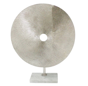 Metal Disk Sculpture On Stand, Silver