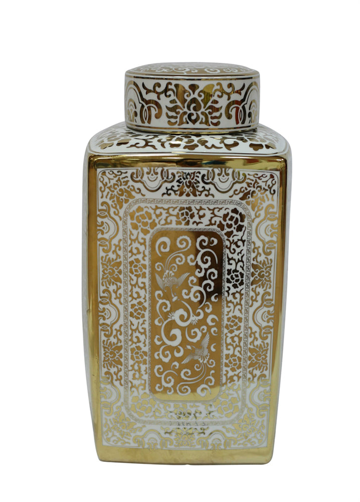 Gleaming Decorative Ceramic Covered Jar In White And Gold