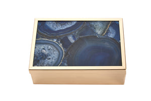 Gorgeous Metal And Wood Storage Box With Agate Top, Blue