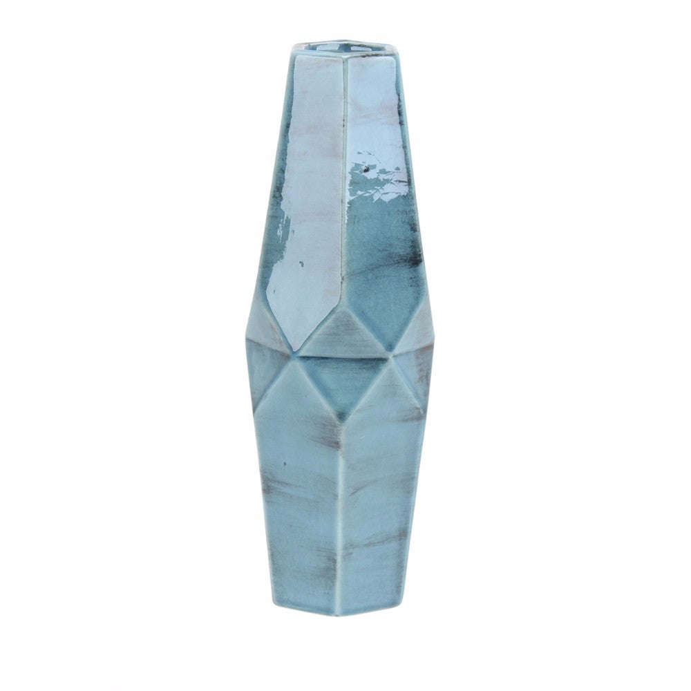 Decorative 5-Sided Ceramic Vase, Distressed Blue