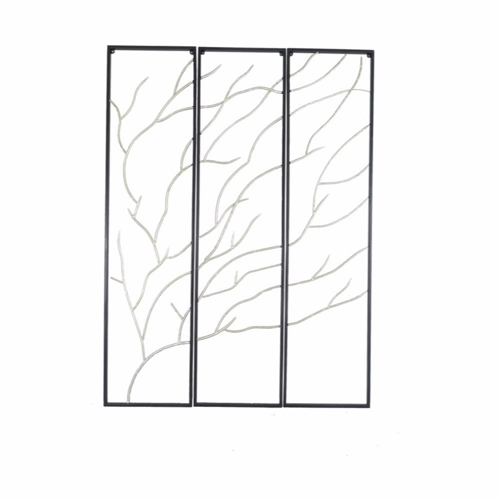 Metal Branch Wall Decor, Set Of 3, Black And Silver