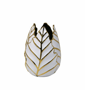 Elegantly Decorative Ceramic Leaf Vase, White And Gold