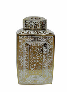 Attractive Decorative Ceramic Covered Jar In White And Gold