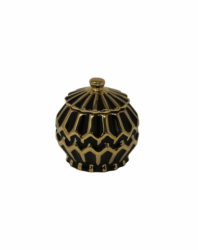 Modern Stylish Ceramic Covered Jar With Lid, Black And Gold