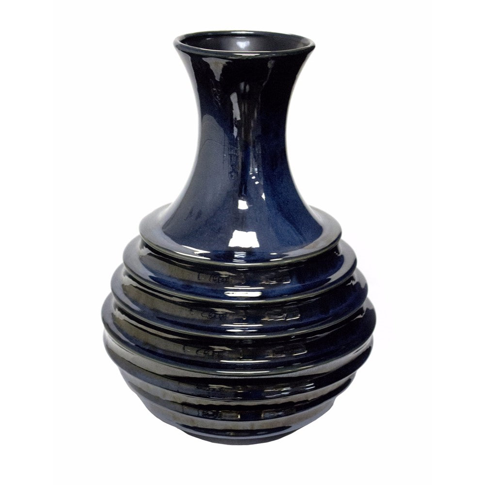 Ringed Neck Ceramic Bottle Vase, Blue