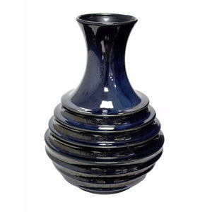 Ringed Neck Ceramic Bottle Vase, Blue