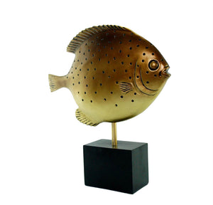 Appealing Polyresin Fish On Base Sculpture, Gold And Bronze