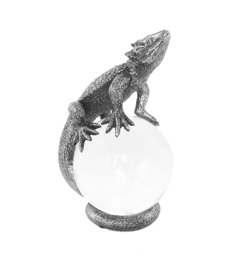 Polished Polyresin Lizard On Glass Ball Figurine, Silver