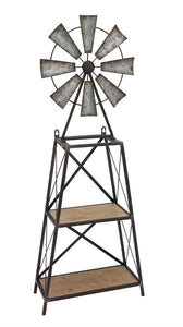 Wood And Metal Windmill Table/Wall Shelf, Gray And Black