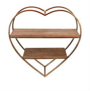 Heart Shaped Wood And Metal Wall Shelf, Gold And Brown