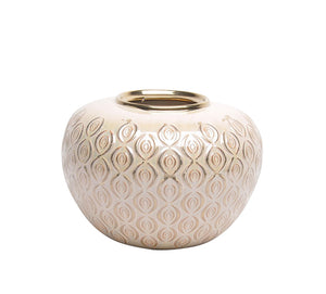 Mid Century Ceramic Round flower vase, Beige And Gold