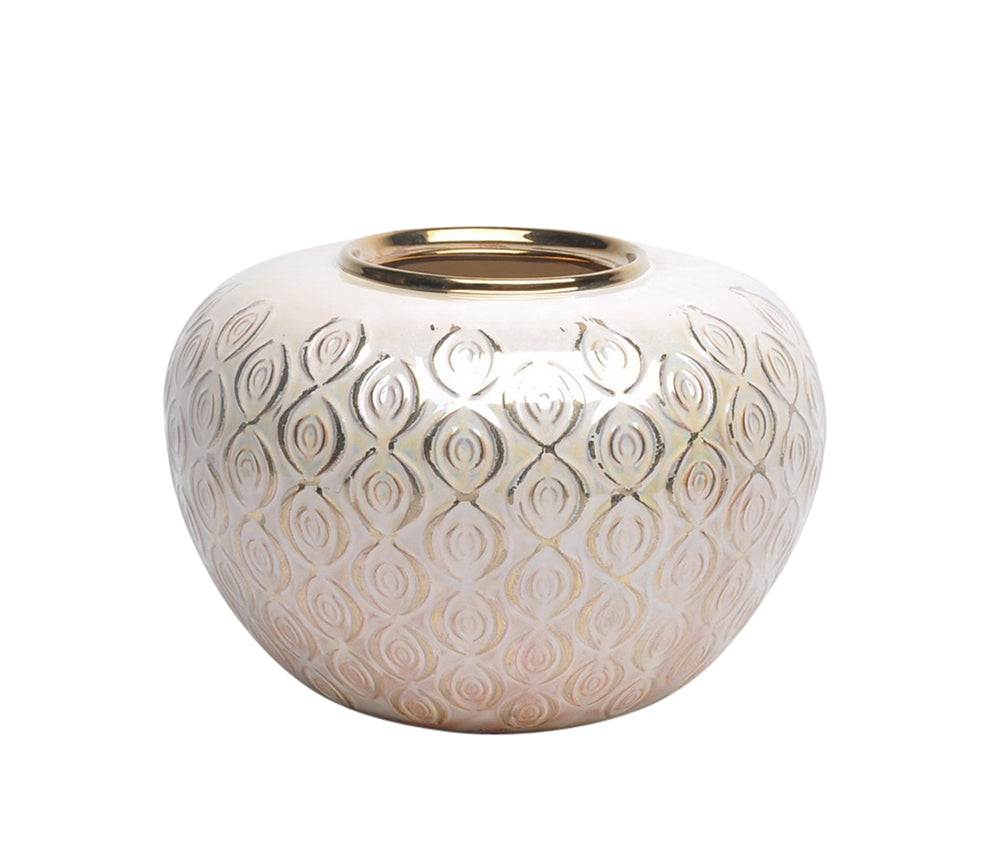 Striking Ceramic Round flower vase, Beige And Gold