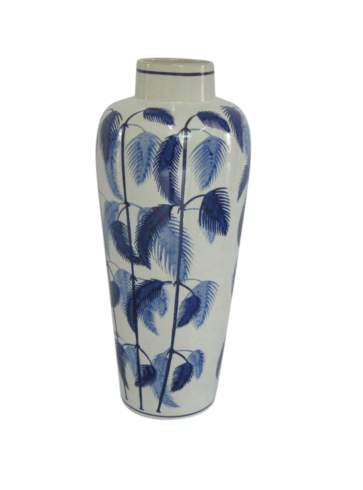 Appealing Ceramic White Vase with Blue Leaf Design