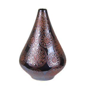 Unique Shaped Ceramic Patterned Vase, Black And Orange