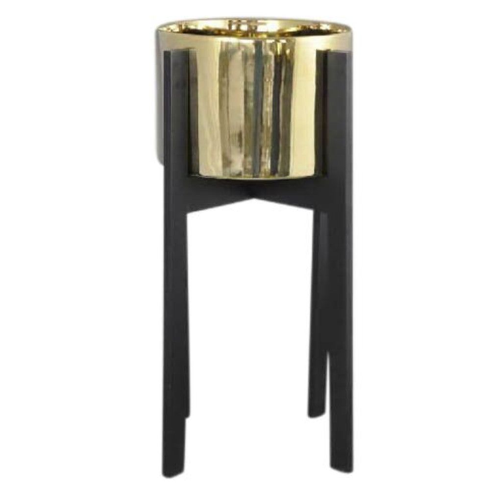 Eye-Catching Ceramic Planter On Stand,  Gold