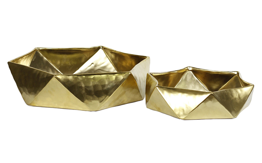 Eye-Catching Faceted Ceramic Pots, Gold, Set Of 2