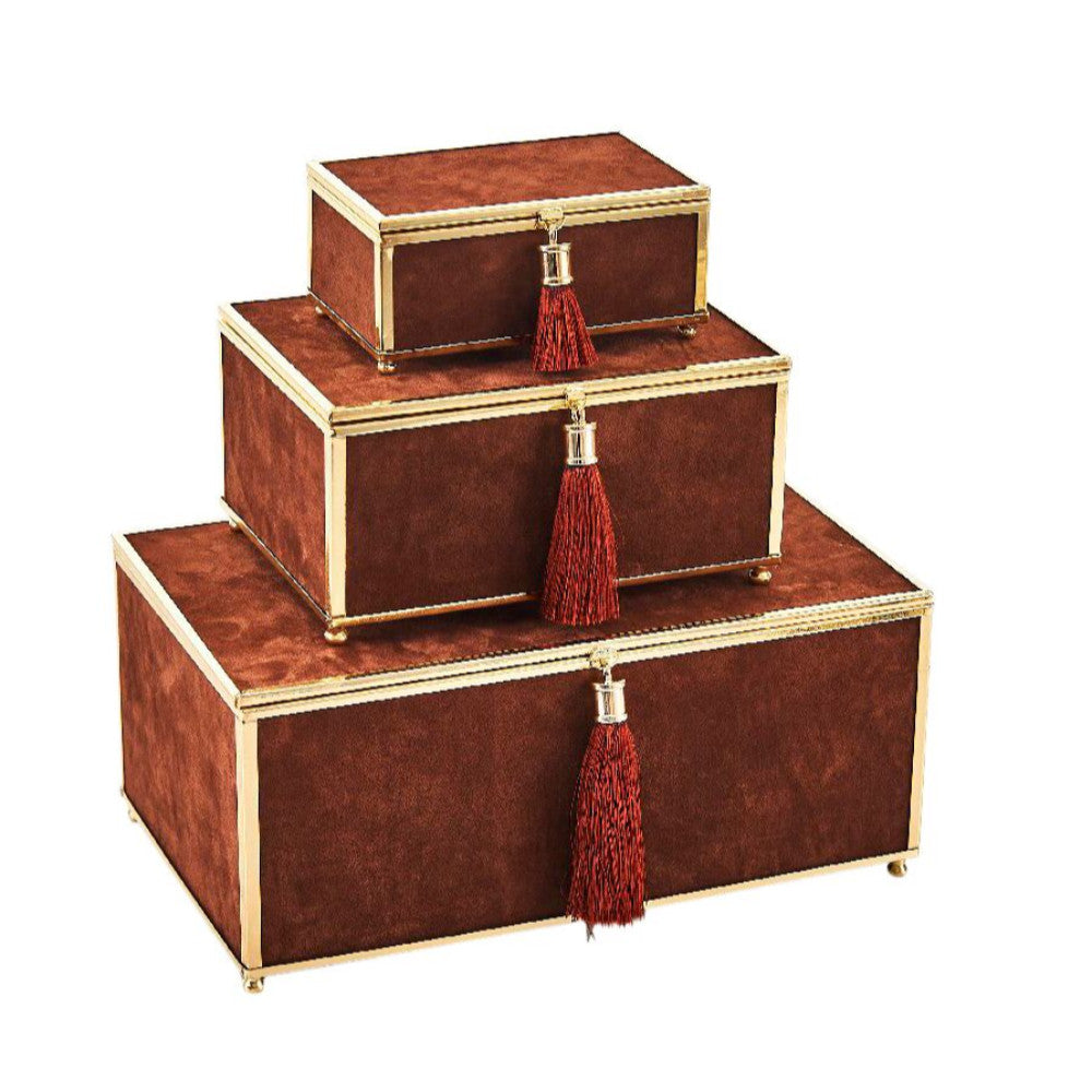 Adorning Velveteen Storage Boxes With Tassel, Brown, Set Of 3