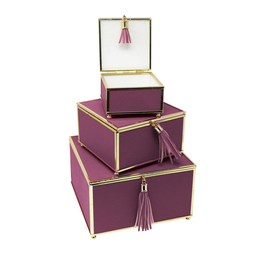 Excellent Purple Set Of 3 Storage Boxes With Tassel