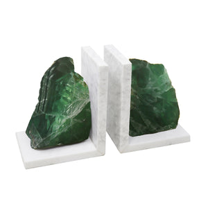 Appealing  Set Of 2 Green Marble Bookends With Agate