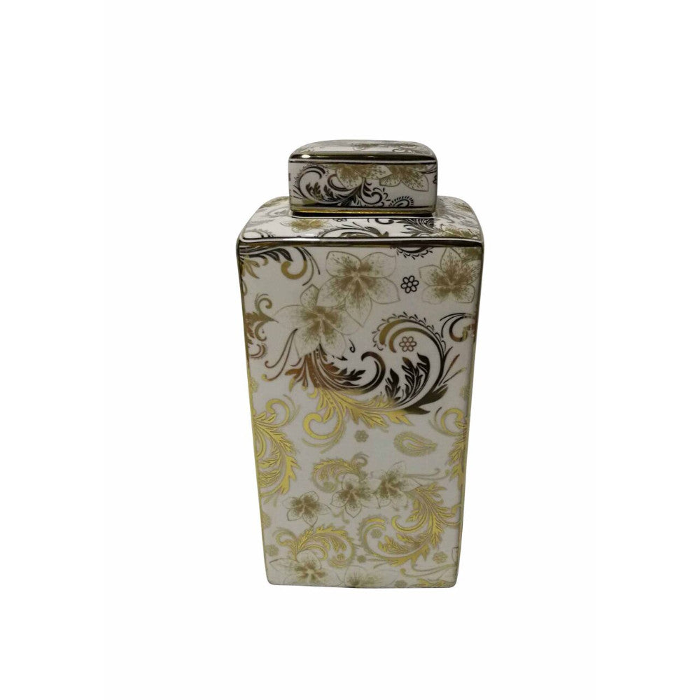 Exquisite Flower Designed Covered  Jar, White And Gold