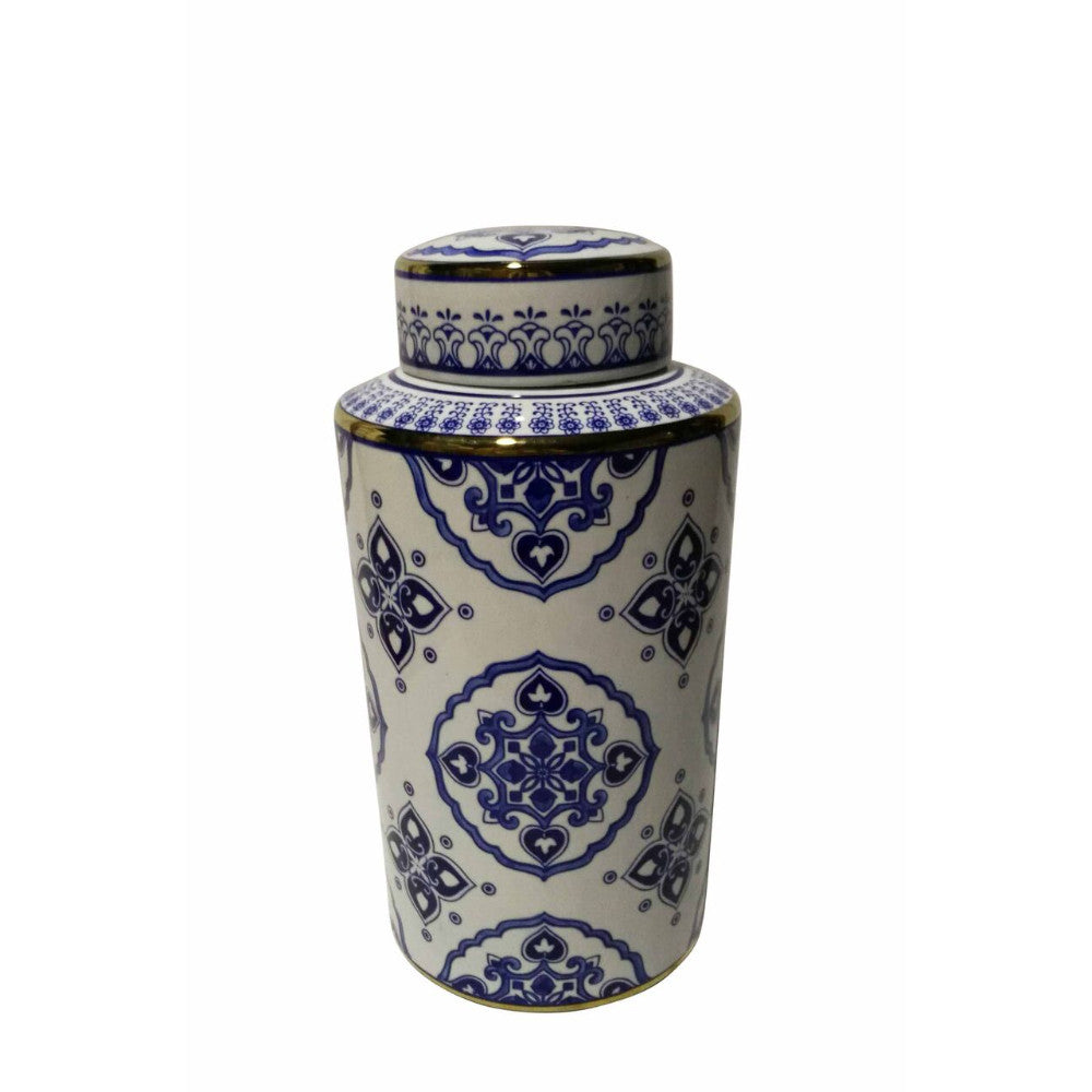 Traditional Ceramic Covered Decorative Jar, Blue And White