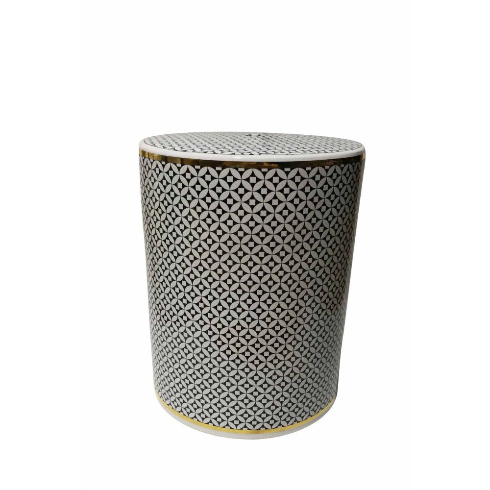 Geometric Patterned Ceramic Garden Stool, White And Black