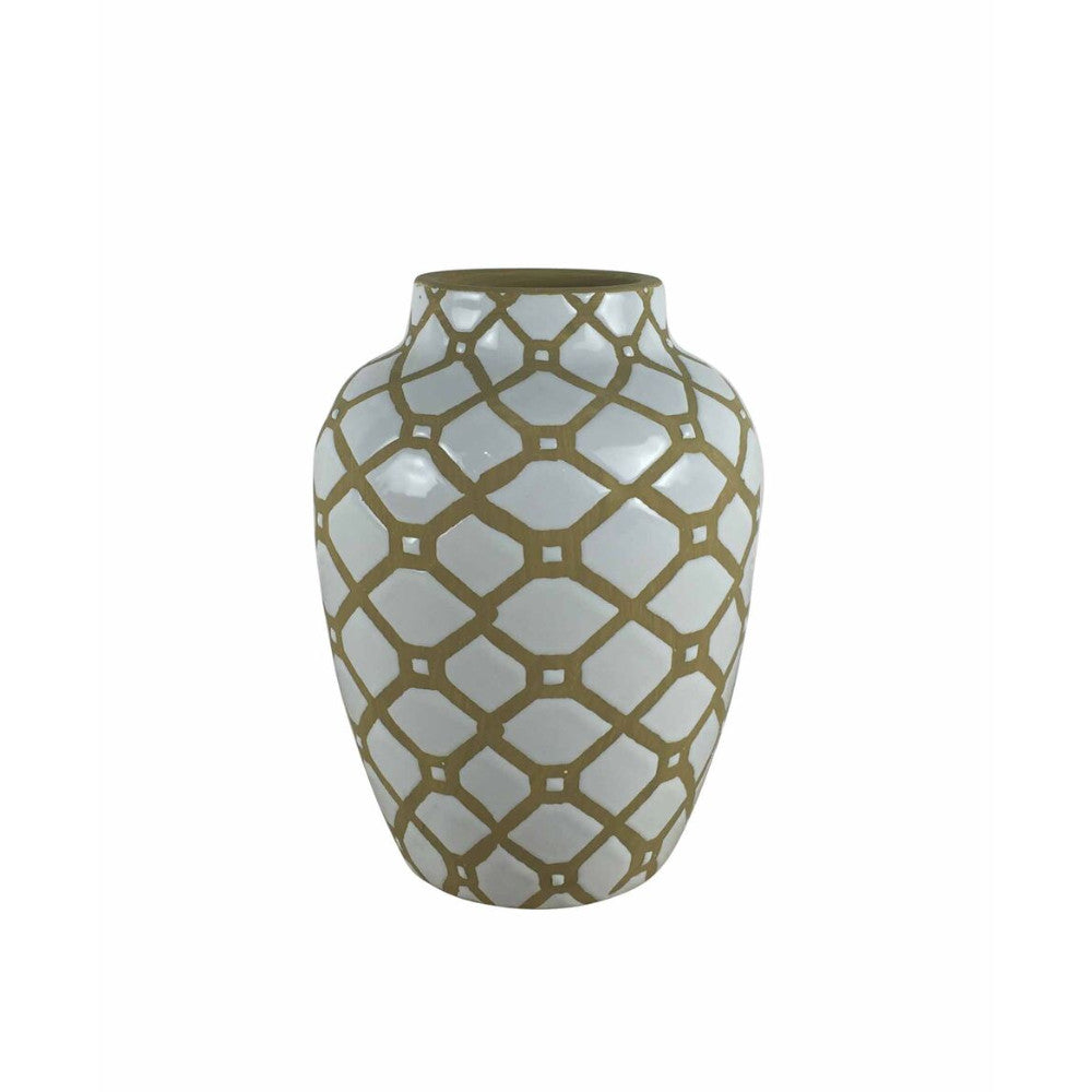 Fine-Looking Decorative Ceramic Vase, White And Brown